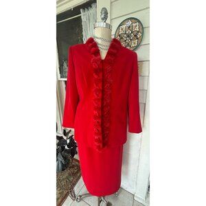 Vintage 80s Womens Skirt Suit Red Fur/Satin/beaded Embellishment Carissimo Sz 16